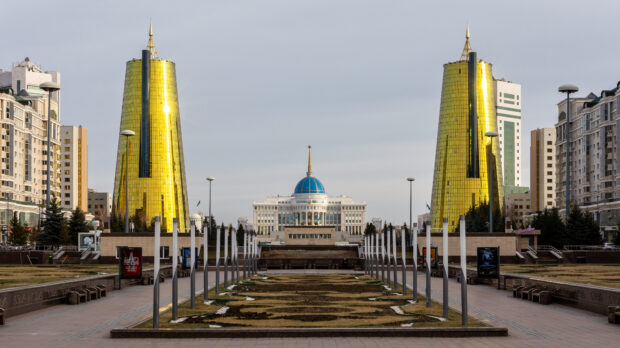 Ak Orda Presidential Palace building with two Golden Towers seen from The Nurjol Boulevard.