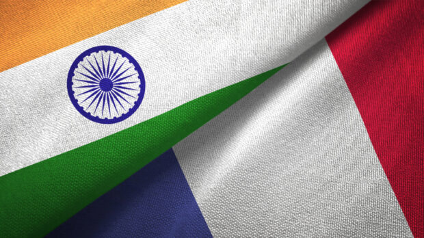 France and India two flags together textile cloth fabric texture