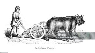 Vintage engraving of an Anglo Saxon Plough and Ploughman